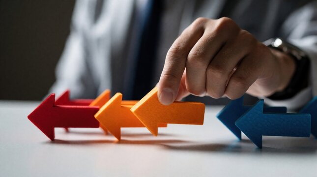 Businessman hand chooses one orange arrow among several colorful direction arrows. Manager makes strategic decision under uncertainty. Pro person picks right way for business growth, success, goal