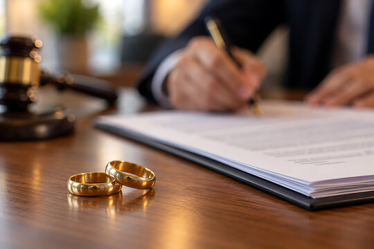 Two gold wedding bands rest near a signed document and gavel symbolizing divorce