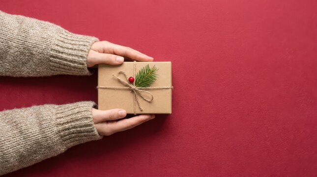 Hands in cozy sweater hold small gift box with pine sprig and berry on red backdrop.