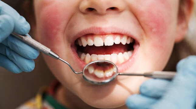 Pediatric dental checkup with child patient open mouth