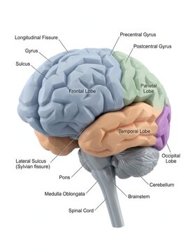 Anatomical human brain diagram with labeled lobes and structures for medical science education.