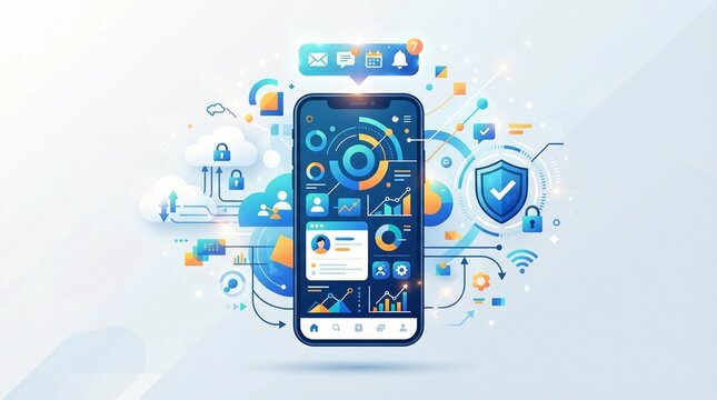 Smartphone security concept with digital shield icon and data analytics dashboard data protection cyber security mobile analytics network safety privacy protection data management information