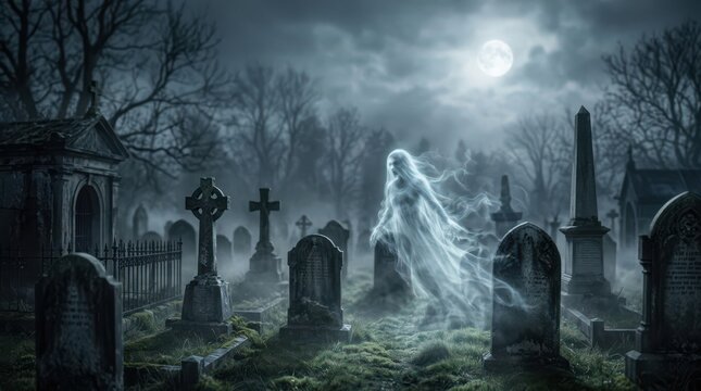 Eerie white ghost hovering among ancient tombstones in foggy cemetery under full moon light.