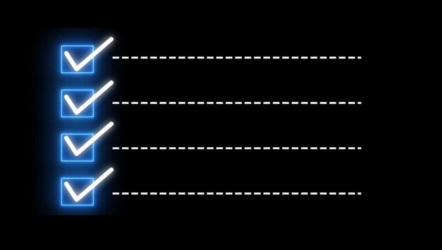 Checklist on the dashed line icon with check marks. Check all the boxes of checklist. Checking a to do list. checklist concept animation on black background.