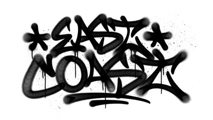 East coast graffiti tag spray paint lettering with grunge drips isolated on white background. Urban aerosol street art typography for streetwear apparel print and poster design. © dirtyfellas