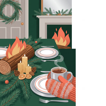 Warm winter solstice feast table setting with candles and decorations  