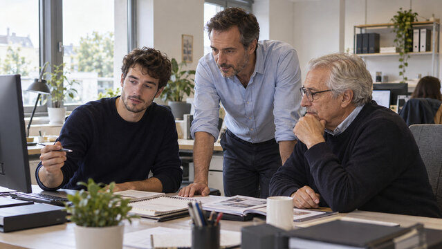 Three men of different generations working together on a computer in a bright office