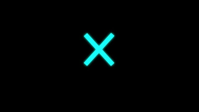 Glowing neon cyan icon of a thick cross or "X" mark symbol against a black background. Animated close window control, cancel action prompt, error or failure state indicator, access denied signa.