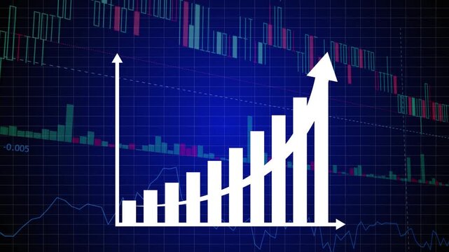 Glowing filled bar chart displaying an upward financial growth trend with a prominent diagonal rising arrow overlay against a dark blue grid background with stock market candlestick charts.