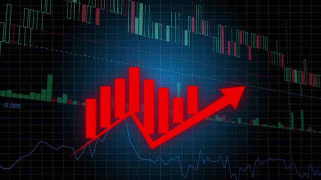Glowing  red bar chart and upward trendline featuring a sharp upward arrow overlay against a dark grid background with stock market candlestick charts. Animated financial growth, bullish stock marke
