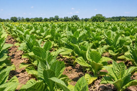 Lush green tobacco plants thriving in expansive agricultural field under bright sunny sky, vibrant healthy crop rows with rich soil, organic farming concept