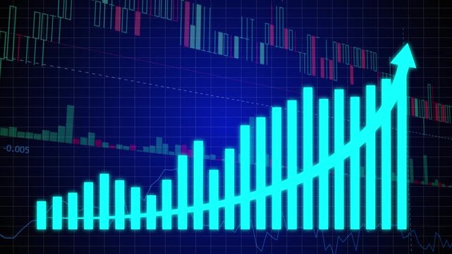 Glowing cyan filled bar chart displaying an upward financial growth trend with a prominent diagonal rising arrow overlay against a dark blue grid background with stock market candlestick charts.