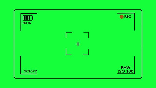 Camera Viewfinder View Recording Screen Overlay with Battery Indicator Focus Crosshair and REC Text Symbolizing Video Production Media Interface Concept on Green Screen Chroma Key Background