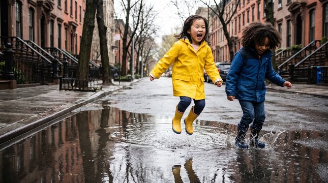 Children jumping in puddles on a city street after rain