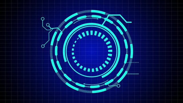 Glowing neon cyan  HUD graphic featuring multi-layered rotating concentric target rings, segmented radial loading tracks, and circuit trace node connectors against a dark blue grid background. 