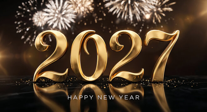 Golden numerals representing two thousand twenty seven shine against a festive dark background digits figures numbers twothousandtwentyseven 2027 year decade timeline chronology celebration holiday