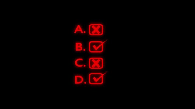 Glowing neon red of a multiple-choice survey or quiz options list labeled A, B, C, and D with rounded checkbox icons displaying "X" marks for incorrect and checkmarks for correct selections against