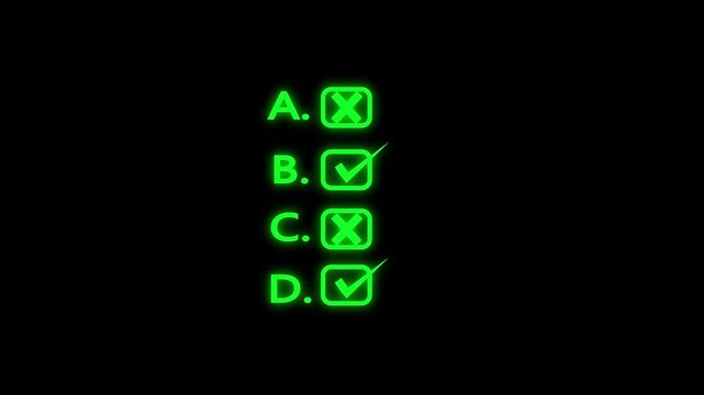 Glowing neon green  of a multiple-choice survey or quiz options list labeled A, B, C, and D with rounded checkbox icons displaying "X" marks for incorrect and checkmarks for correct selections against