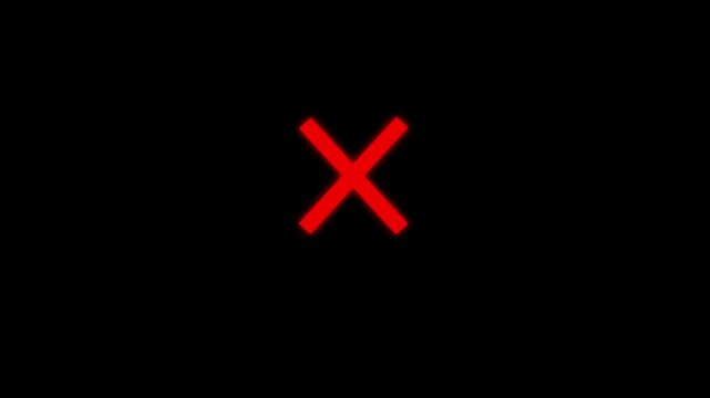 Glowing neon red icon of a thick cross or "X" mark symbol against a black background. Animated close window control, cancel action prompt, error or failure state indicator, access denied signa.