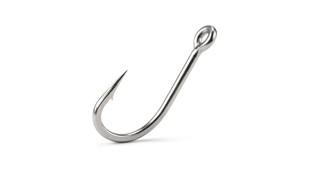 Fishing hook, 45-degree angle view, isolated on pure white background, hyperrealistic studio product photography