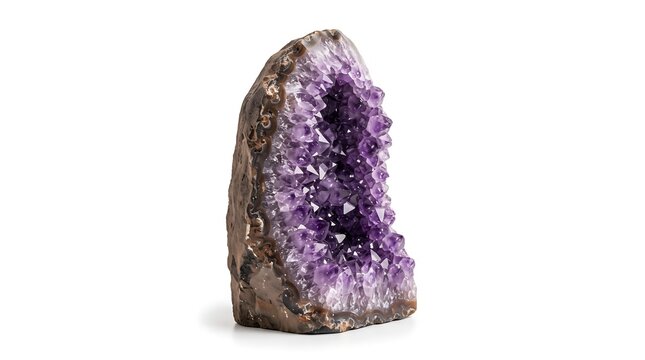Amethyst geode, side profile view, isolated on pure white background, hyperrealistic studio product photography