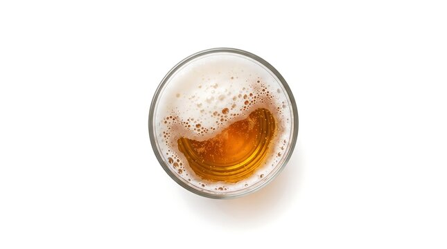 Beer glass with foam, top-down flat lay view, isolated on pure white background, hyperrealistic studio product photography