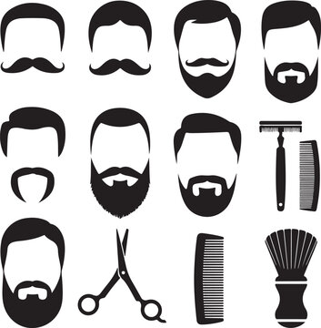 Black silhouette vector designs of various beard styles and barber tools