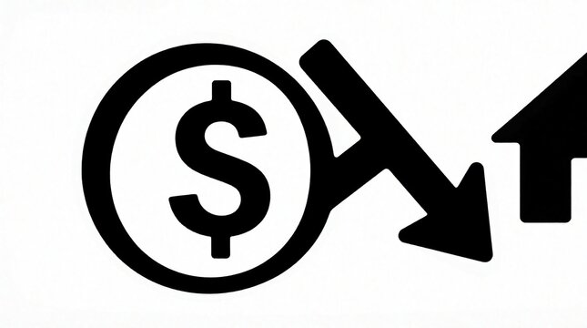 Black icon of dollar sign with downward arrow on white background. Financial symbol shows money drop market crash. Concept of falling prices, inflation, losing wealth in economy. Graphic design for