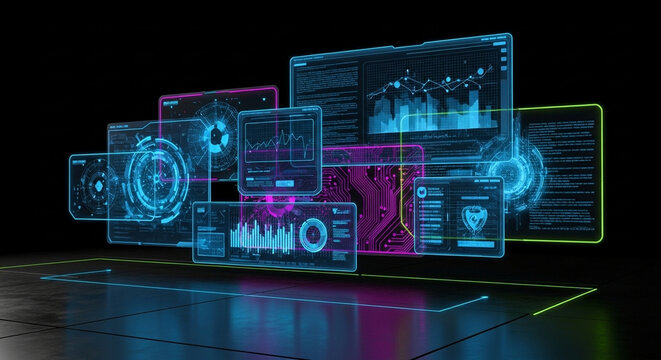 Futuristic virtual reality panels display complex analytical graphs and glowing interfaces in a cybernetic space, demonstrating advanced information processing through holographic projection