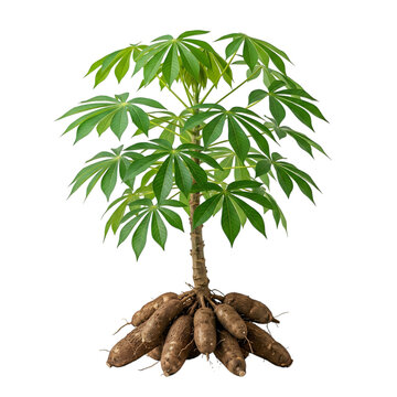 Fresh cassava plant with green leaves and brown roots isolated on transparent background