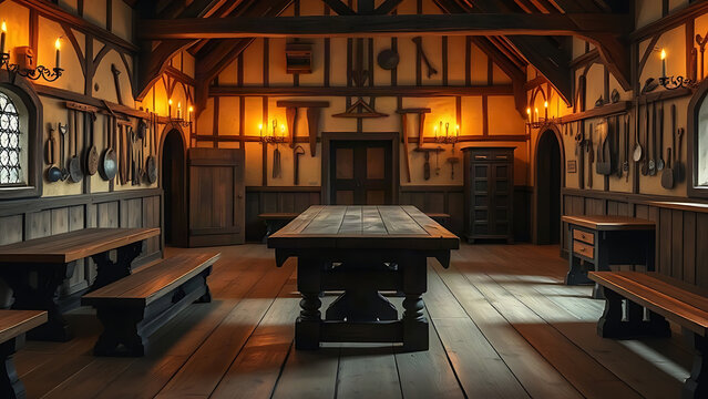 Medieval guild hall with wooden table and candlelight, heritage craft concept