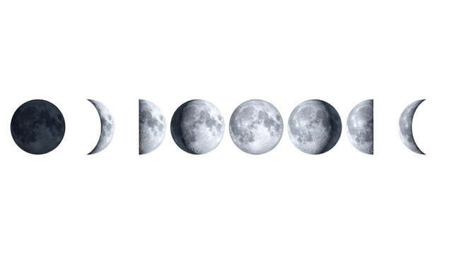 Moon phases cycle on white background, lunar transition sequence from new moon to full moon, celestial astronomical chart of lunar stages
