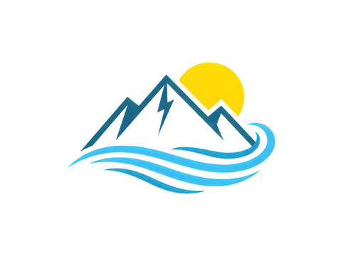 Mountain icon with sun and blue water waves