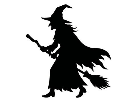 Black silhouette of a witch on a broomstick