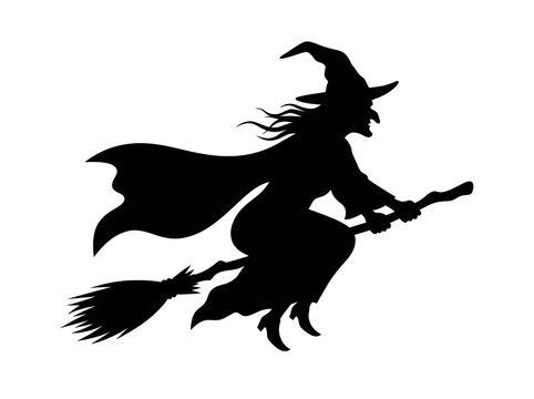 Black silhouette of a witch flying on broom