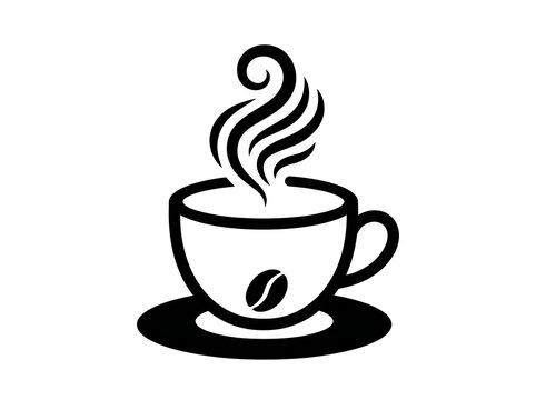 Black coffee cup icon with steam and bean