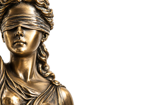 Bronze statue of lady justice with a blindfold against a white surface