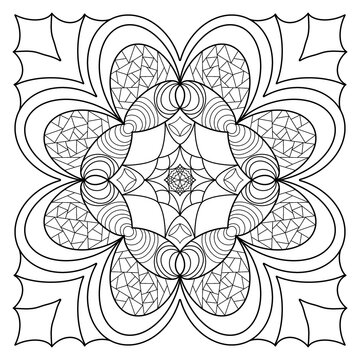 Square geometric mandala coloring page for adults, mosaic web line art