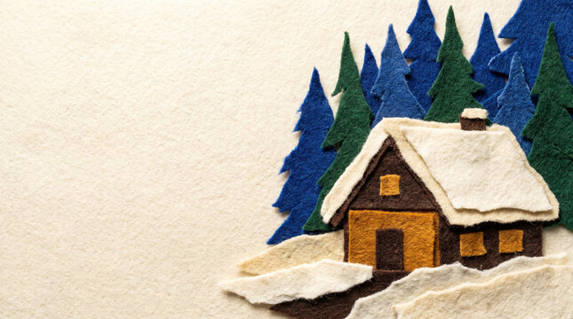 Felt art of a snow-covered cabin surrounded by pine trees  