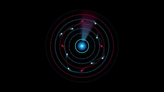 Central globe pulsing as sweep beam rotating, detecting targets and marking technology radar ranges