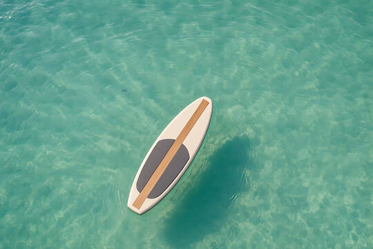 Top view of a single paddle board floating on calm crystal clear turquoise sea water in a peaceful tropical ocean setting