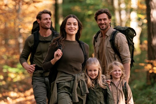 Family Hiking on an Autumn Forest Trail