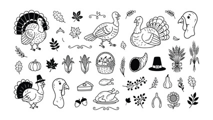Obraz premium Thanksgiving Elements Collection: A delightful assortment of hand-drawn Thanksgiving-themed illustrations, featuring turkeys, fall leaves, pumpkins, corn, pies, and harvest symbols.