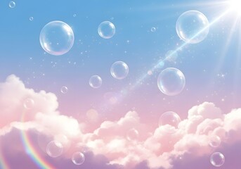 Obraz premium Floating soap bubbles drifting against a soft pastel sky with fluffy clouds and a bright sun flare