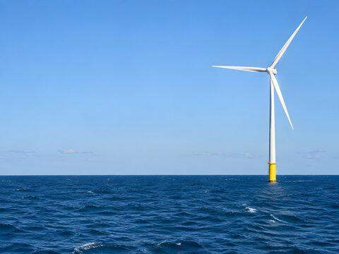 Single offshore wind turbine above a blue sea with open sky