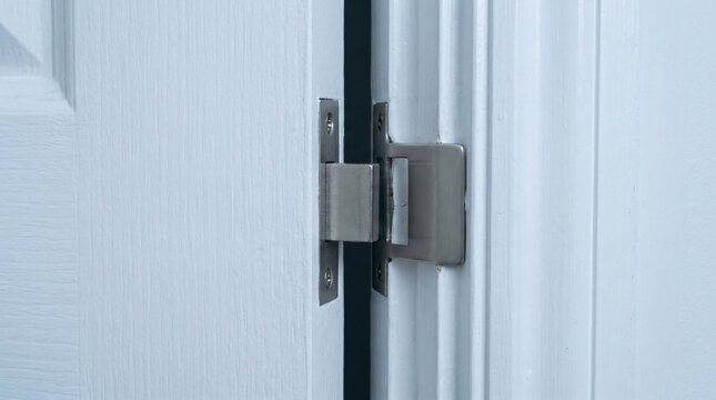Modern brushed nickel door latch mechanism | Close-up of stainless steel strike plate on white door | Home security deadbolt installation detail | Interior door hardware and renovation components
