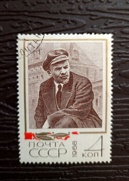 Moscow, Russia - 07.22.2026: A 1968 USSR postage stamp with a face value of 4 kopecks from the "V.I. Lenin in Photographic Documents" series. Russian revolutionary and Soviet statesman&mdash;color vertical 
