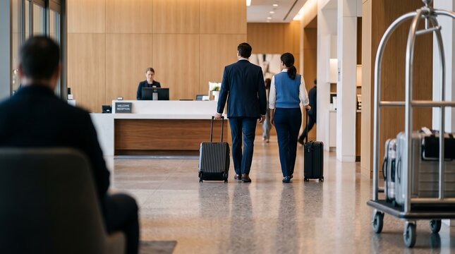 Business travelers checking into a modern hotel lobby with luggage and reception desk in background