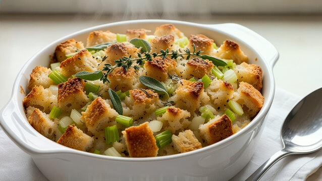 Bread stuffing with celery and herbs in a white baking dish  