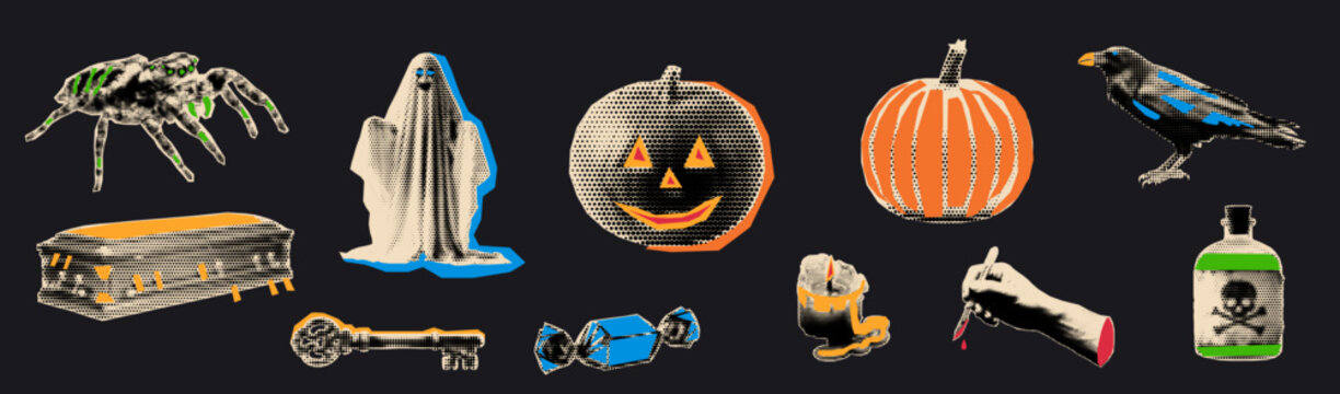 Halloween halftone cut outs set. Spooky horror collage elements.